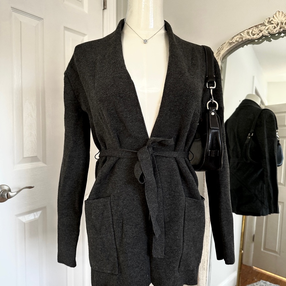 Aritzia charcoal grey belted front tie cardigan with pockets